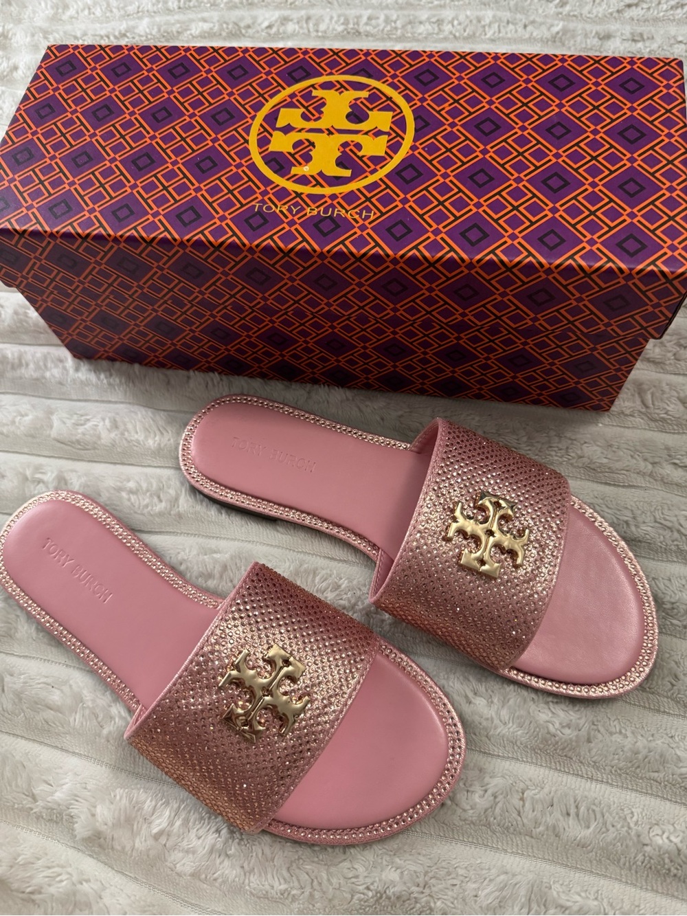 Tory Burch Rose Metallic Logo Slide Sandals